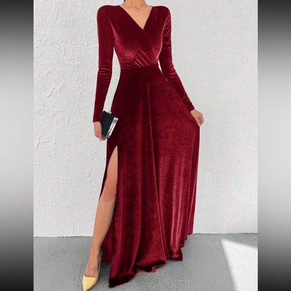 Luxe slit thigh long sleeve party formal evening prom wedding gown dress - Picture 4 of 16